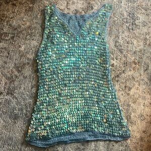 Vintage Pale Blue Iridescent Sequin Knit Crochet Tank Top